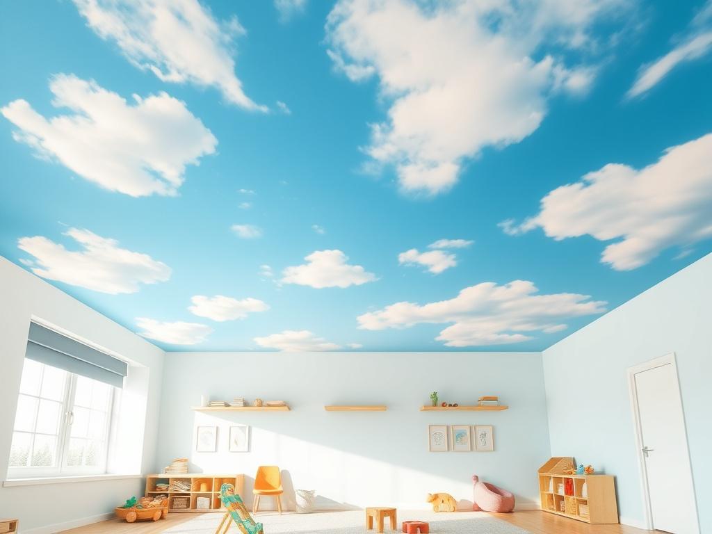 Printed sky-and-clouds stretch ceiling in a bright playroom