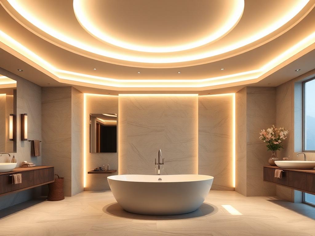 Backlit stretch ceiling glowing above a freestanding bathtub