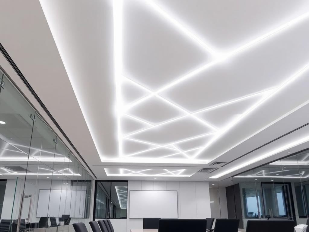 Satin ceiling with geometric LED light lines in a boardroom
