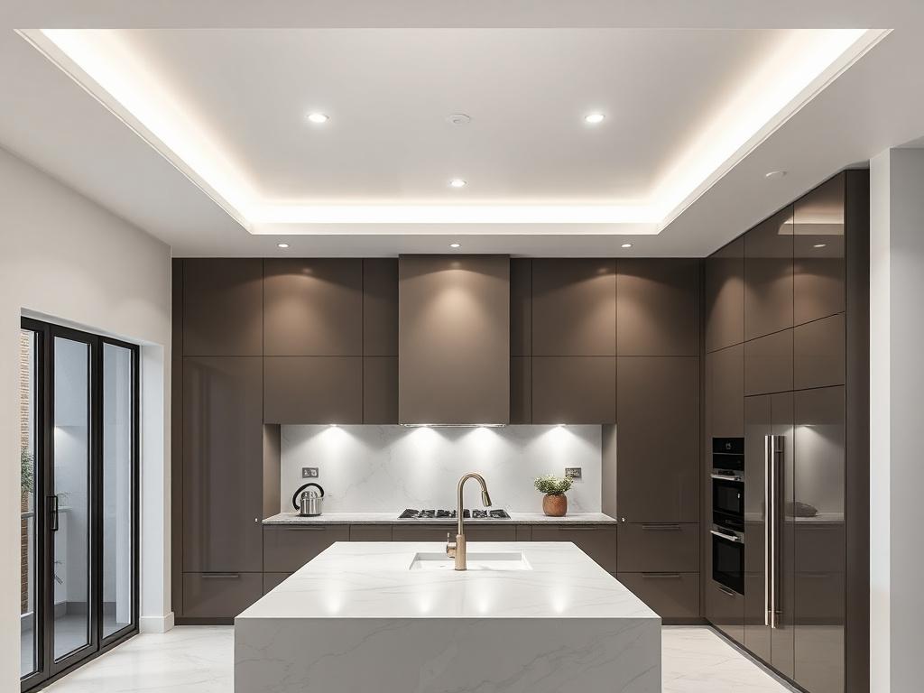 Glossy white stretch ceiling with spotlights above a marble kitchen island