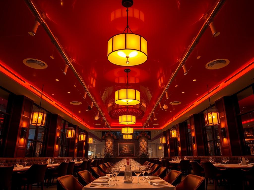 Deep red high-gloss stretch ceiling in an upscale restaurant