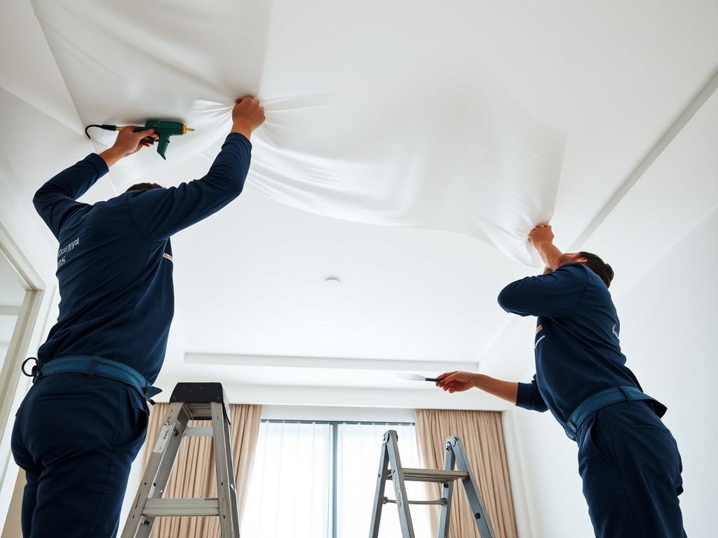 Dogio Ceilings installers stretching a white PVC membrane in a Malaysian condominium