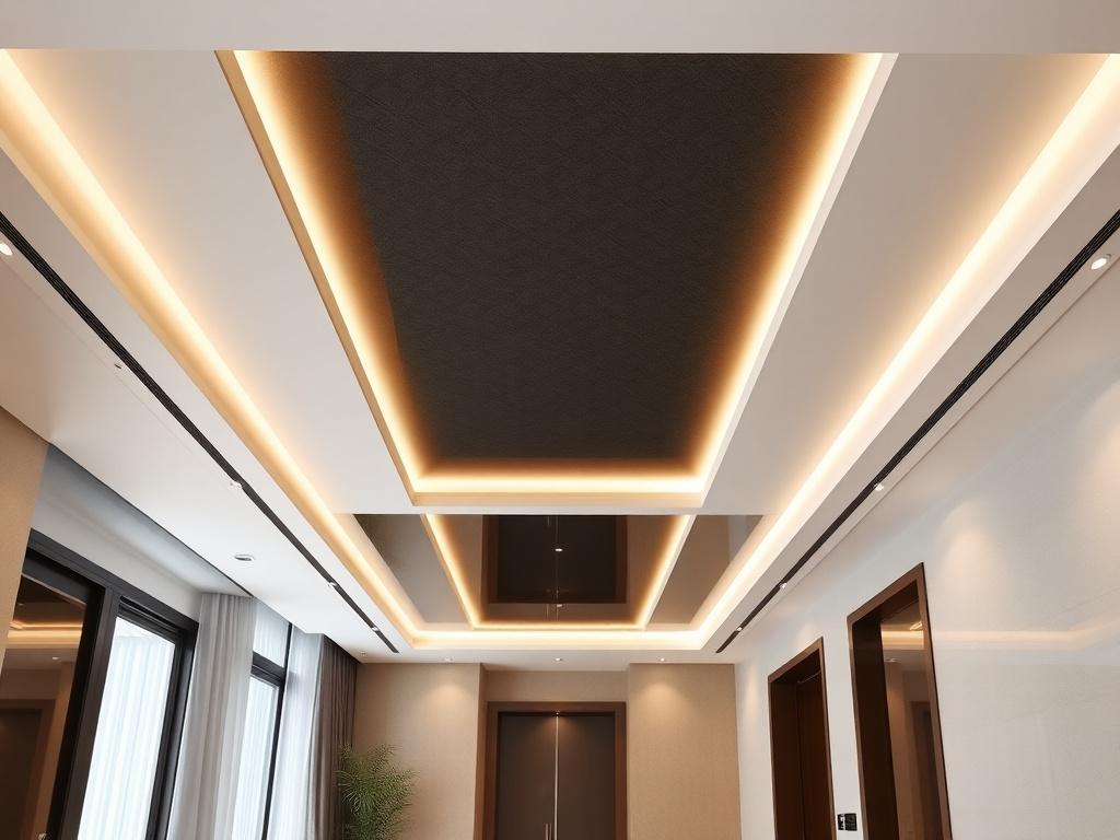 Two-level duotone stretch ceiling with cove lighting in a condominium entrance