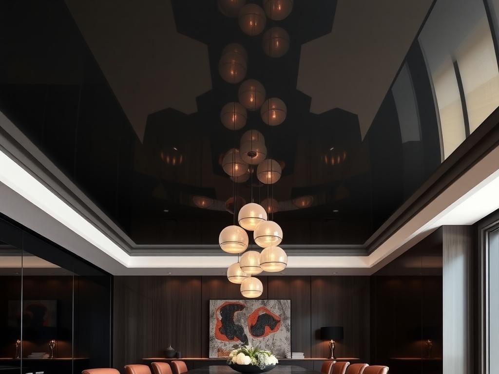 Charcoal high-gloss stretch ceiling reflecting pendant lights in a dining room
