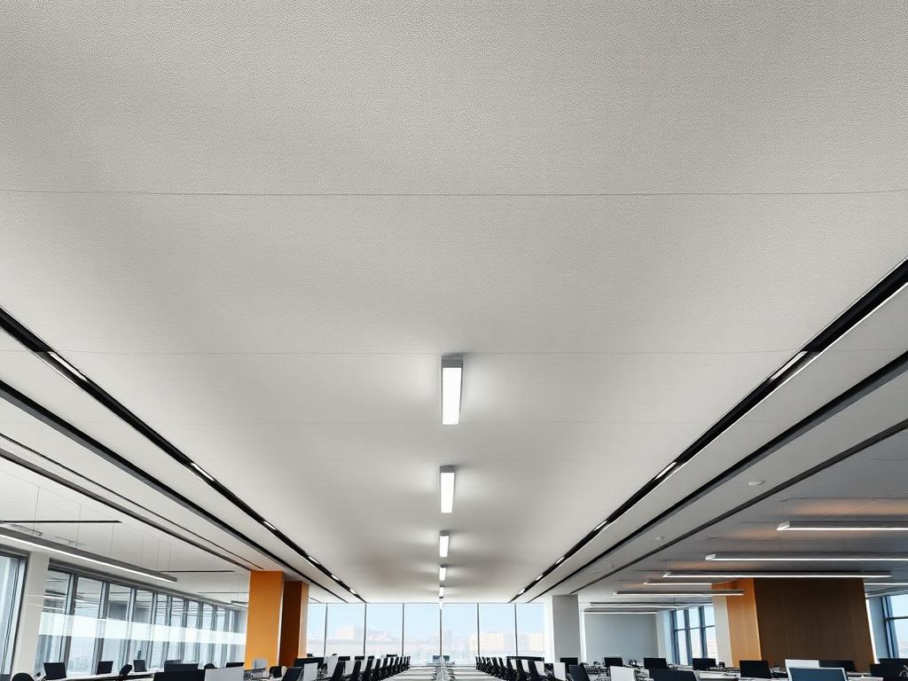 Matte acoustic stretch ceiling in a quiet open-plan office