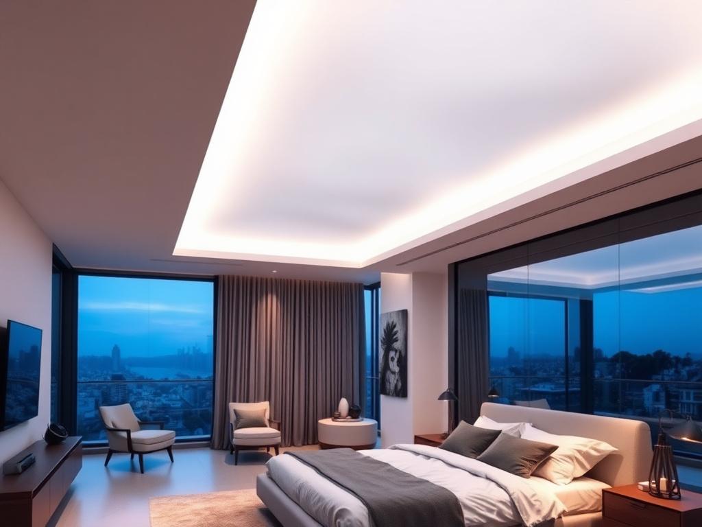 Backlit translucent stretch ceiling glowing like a skylight in a bedroom