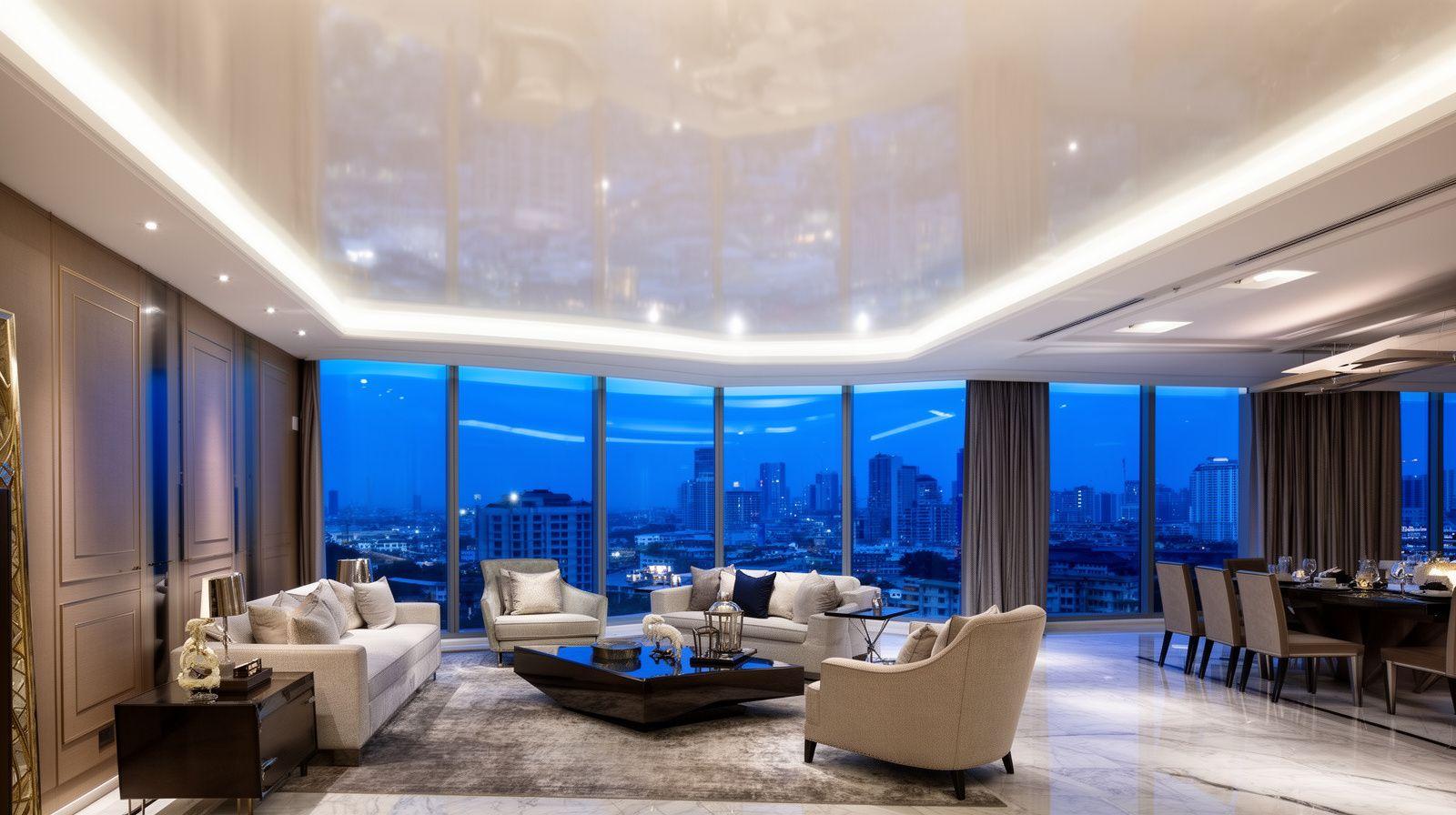High-gloss pearl stretch ceiling with LED perimeter lighting in a modern Malaysian living room