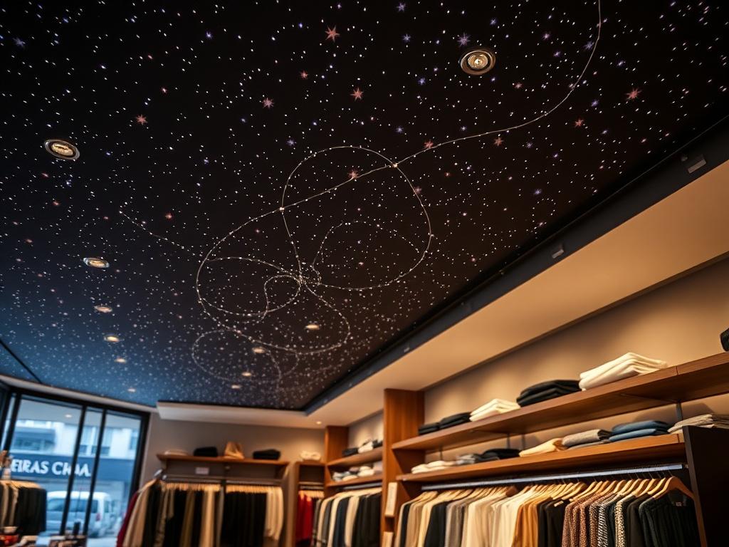 Star-field printed ceiling with fibre-optic lights in a boutique
