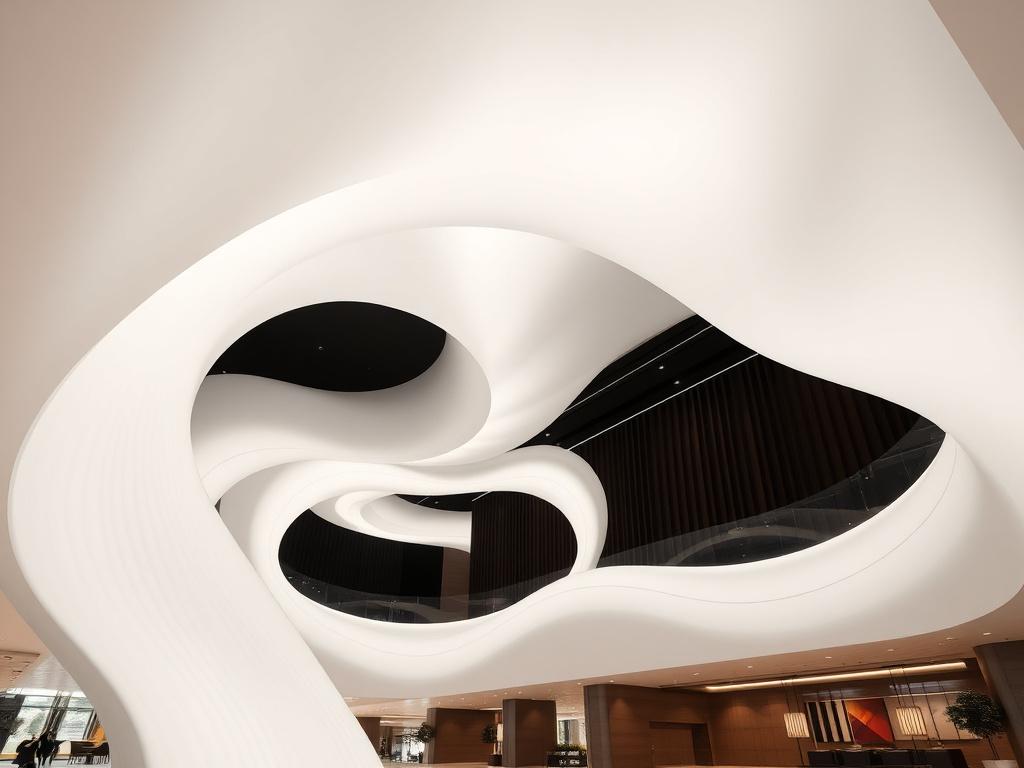 Sculptural 3D wave stretch ceiling with hidden LED strips in a hotel lobby